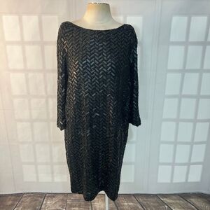 Carmen Marc Valvo Black Silk Chevron Long Sleeve Sequin Cocktail Dress Size 10
